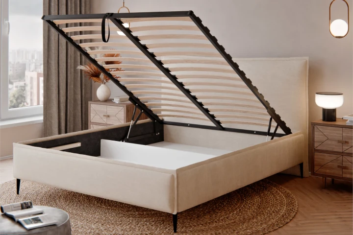Łóżko tapicerowane do sypialni z pojemnikiem na pościel Vera z metalowym stelażem