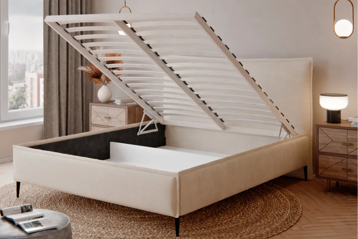 Łóżko tapicerowane do sypialni z pojemnikiem na pościel Vera z drewnianym stelażem