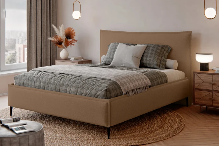 Łóżko tapicerowane do sypialni z pojemnikiem na pościel Vera Karmelowy