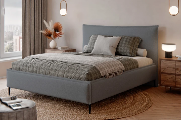 Łóżko tapicerowane do sypialni z pojemnikiem na pościel Vera Stalowy szary