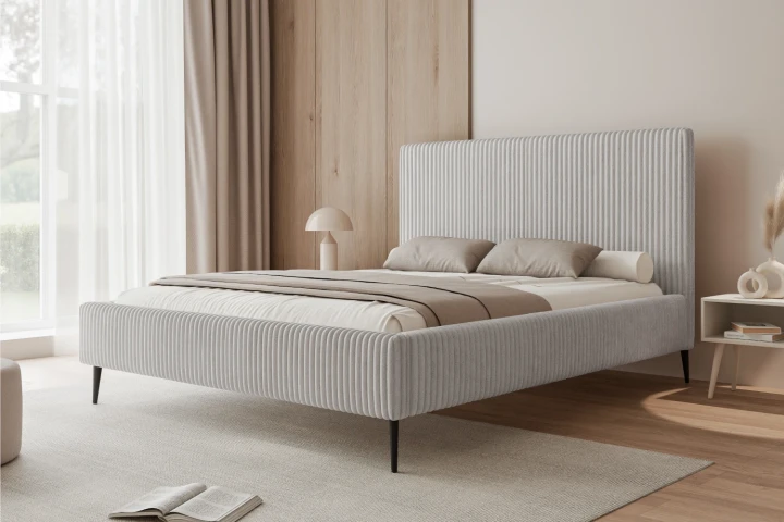 Łóżko tapicerowane na nóżkach z pojemnikiem na pościel i stelażem Luxo Jasny szary