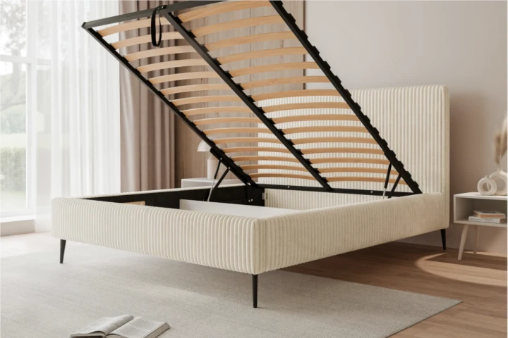 Łóżko tapicerowane na nóżkach z pojemnikiem na pościel i stelażem Luxo z metalowym stelażem