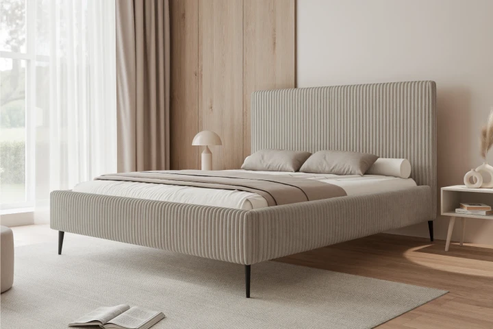 Łóżko tapicerowane na nóżkach z pojemnikiem na pościel i stelażem Luxo Szampański