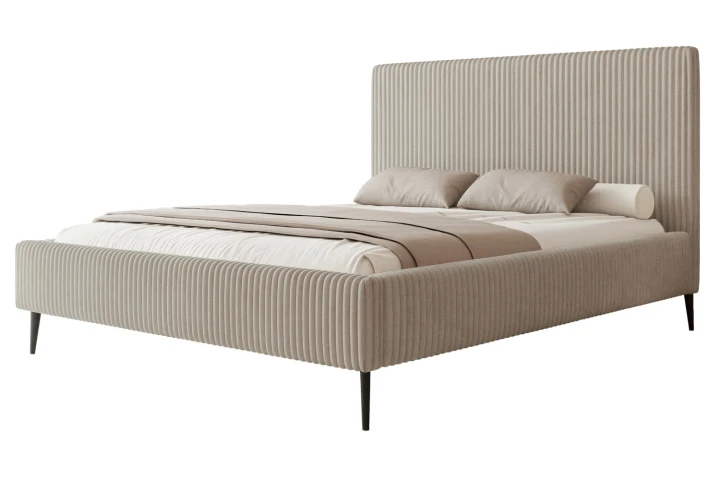 Łóżko tapicerowane na nóżkach z pojemnikiem na pościel i stelażem Luxo Szampański