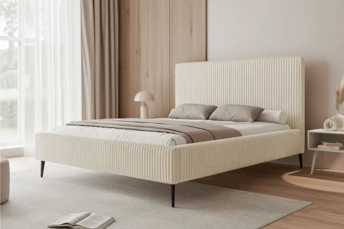 Łóżko tapicerowane na nóżkach z pojemnikiem na pościel i stelażem Luxo Ecru