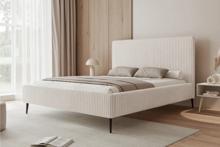 Łóżko tapicerowane na nóżkach z pojemnikiem na pościel i stelażem Luxo Jasny krem