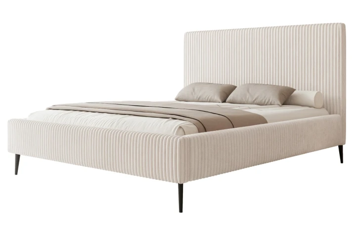 Łóżko tapicerowane na nóżkach z pojemnikiem na pościel i stelażem Luxo Jasny krem