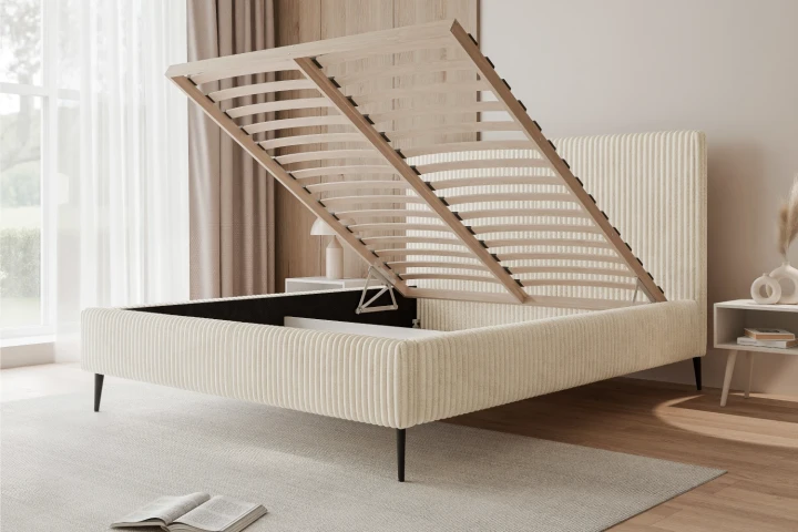 Łóżko tapicerowane na nóżkach z pojemnikiem na pościel i stelażem Luxo z drewnianym stelażem