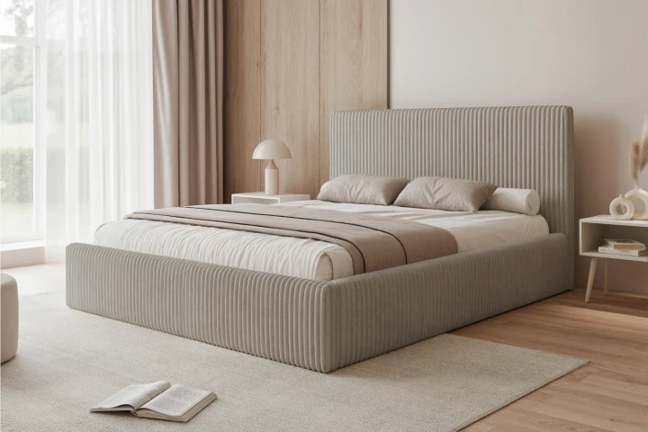 Łóżko tapicerowane z pojemnikiem na pościel i stelażem Luxo Szampański