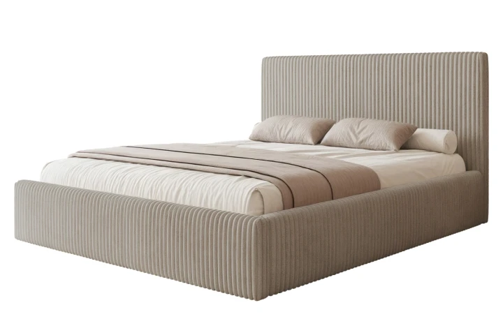 Łóżko tapicerowane z pojemnikiem na pościel i stelażem Luxo Szampański