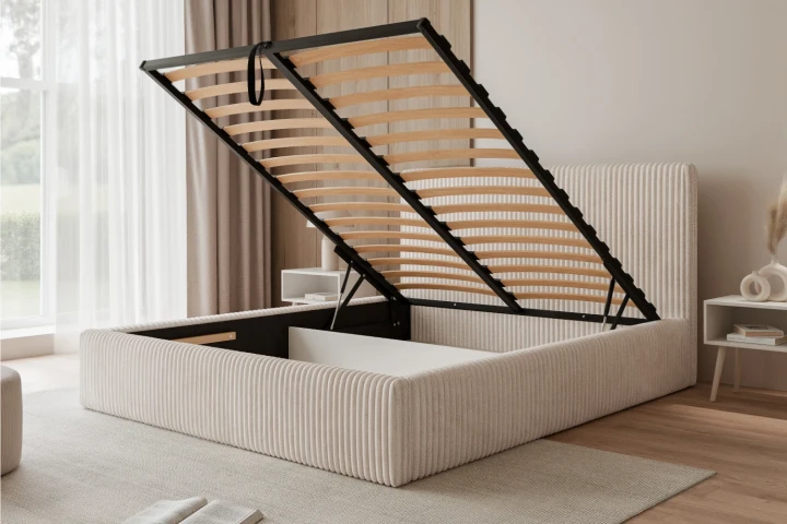 Łóżko tapicerowane z pojemnikiem na pościel i stelażem Luxo z metalowym stelażem