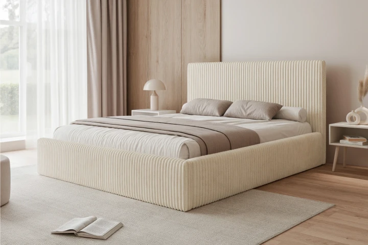 Łóżko tapicerowane z pojemnikiem na pościel i stelażem Luxo Ecru