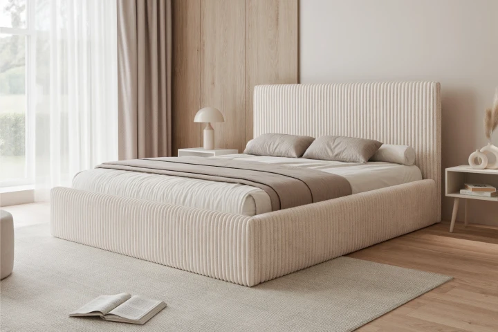 Łóżko tapicerowane z pojemnikiem na pościel i stelażem Luxo Jasny krem