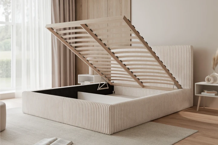 Łóżko tapicerowane z pojemnikiem na pościel i stelażem Luxo z drewnianym stelażem