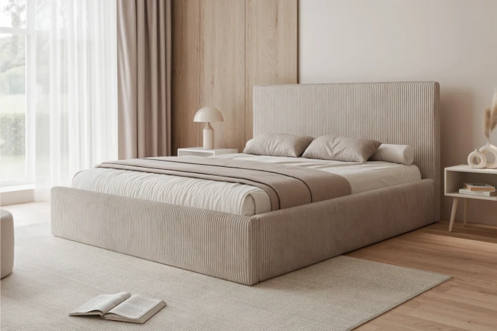 Łóżko tapicerowane z pojemnikiem na pościel i stelażem Luxo Cappuccino