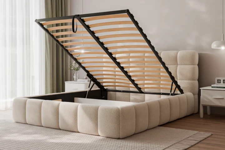 Łóżka tapicerowane Bubble z pojemnikiem na pościel z metalowym stelażem