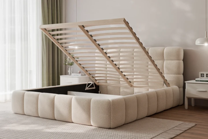 Łóżka tapicerowane Bubble z pojemnikiem na pościel z drewnianym stelażem