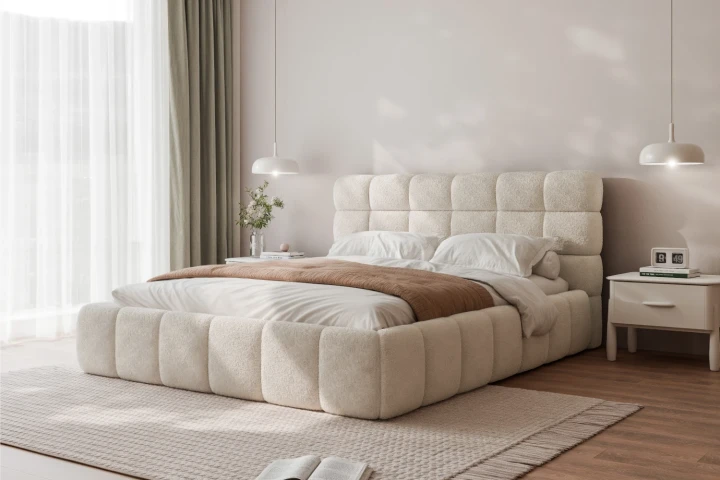 Łóżka tapicerowane Bubble z pojemnikiem na pościel w tkaninie Legend 2