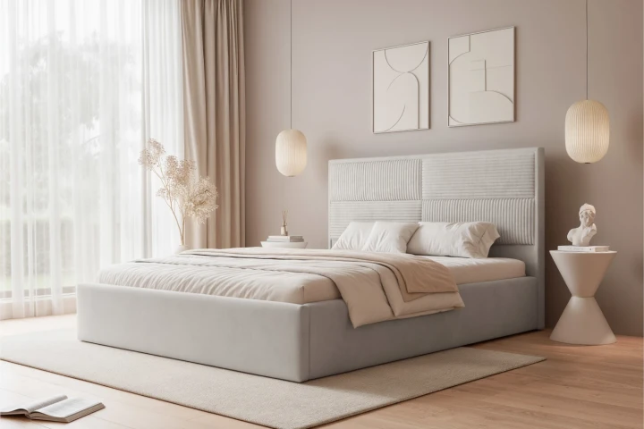 Łóżko tapicerowane do sypialni z pojemnikiem na pościel Sofia Jasny szary