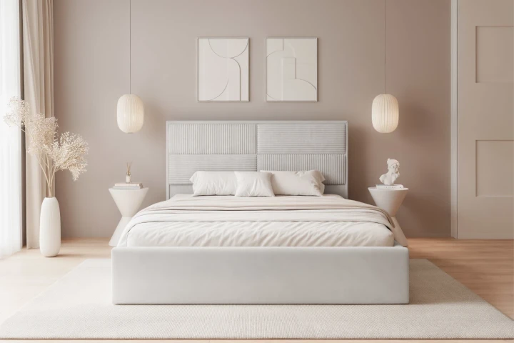 Łóżko tapicerowane do sypialni z pojemnikiem na pościel Sofia Jasny szary