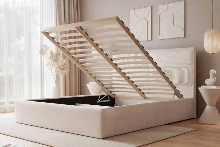 Łóżko tapicerowane do sypialni z pojemnikiem na pościel Sofia z drewnianym stelażem