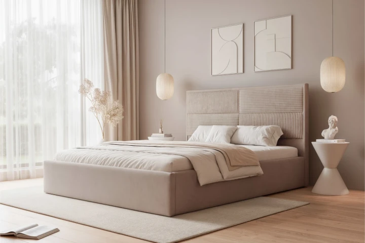 Łóżko tapicerowane do sypialni z pojemnikiem na pościel Sofia Ciemny beż