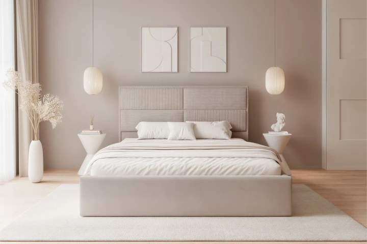 Łóżko tapicerowane do sypialni z pojemnikiem na pościel Sofia Ciemny beż