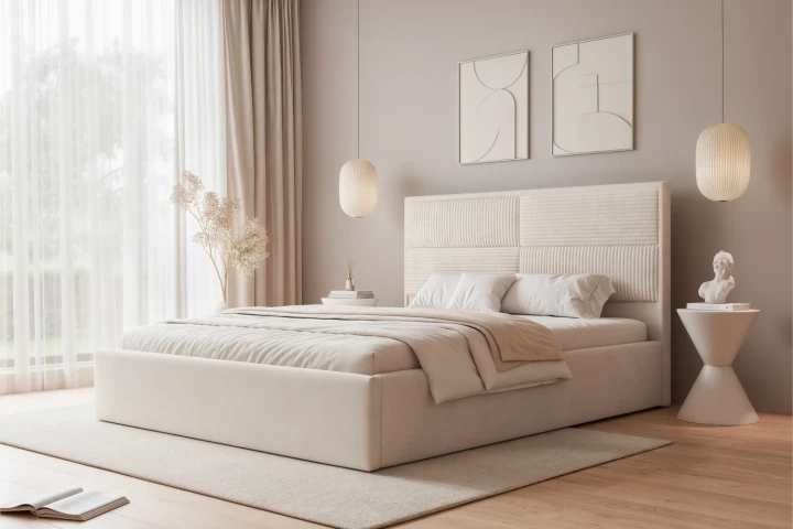 Łóżko tapicerowane do sypialni z pojemnikiem na pościel Sofia Kość słoniowa