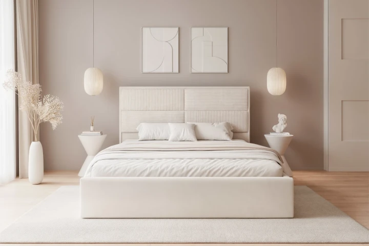 Łóżko tapicerowane do sypialni z pojemnikiem na pościel Sofia Kość słoniowa