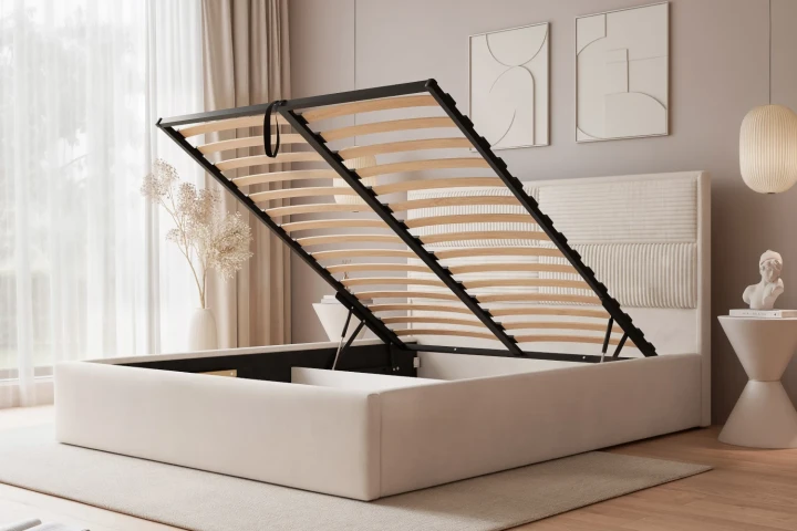 Łóżko tapicerowane do sypialni z pojemnikiem na pościel Sofia z metalowym stelażem