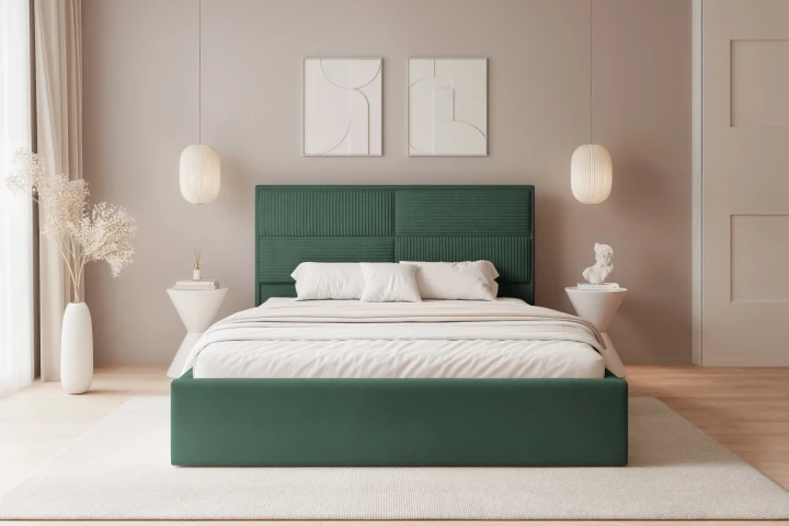 Łóżko tapicerowane do sypialni z pojemnikiem na pościel Sofia Zielony