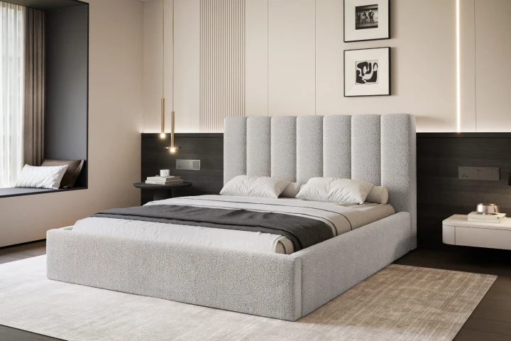 Łóżko tapicerowane z pojemnikiem i stelażem Arco Jasny szary