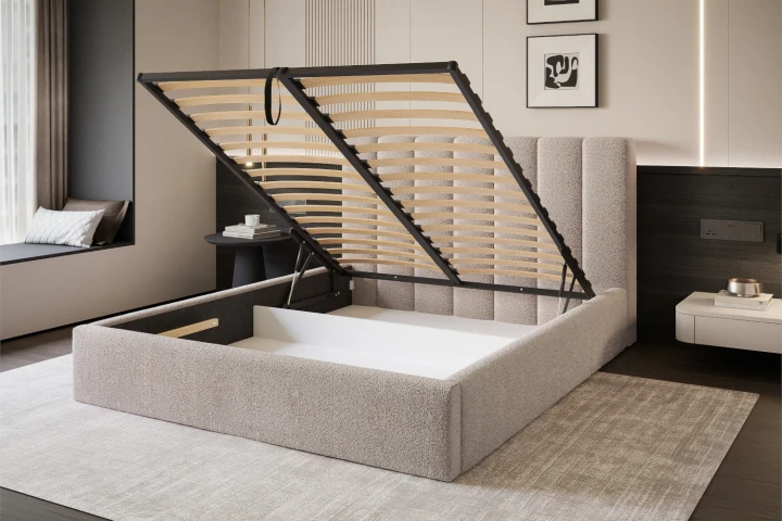 Łóżko tapicerowane z pojemnikiem i stelażem Arco z metalowym stelażem