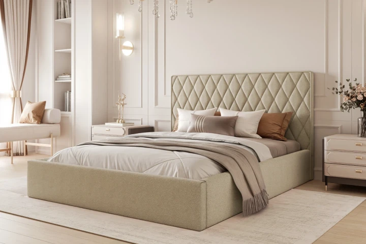 Łóżko tapicerowane z pojemnikiem na pościel i stelażem Royal Beżowy