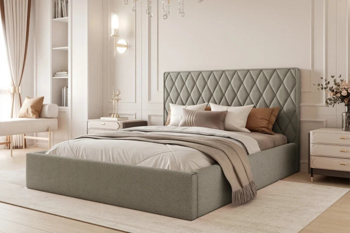 Łóżko tapicerowane z pojemnikiem na pościel i stelażem Royal Taupe