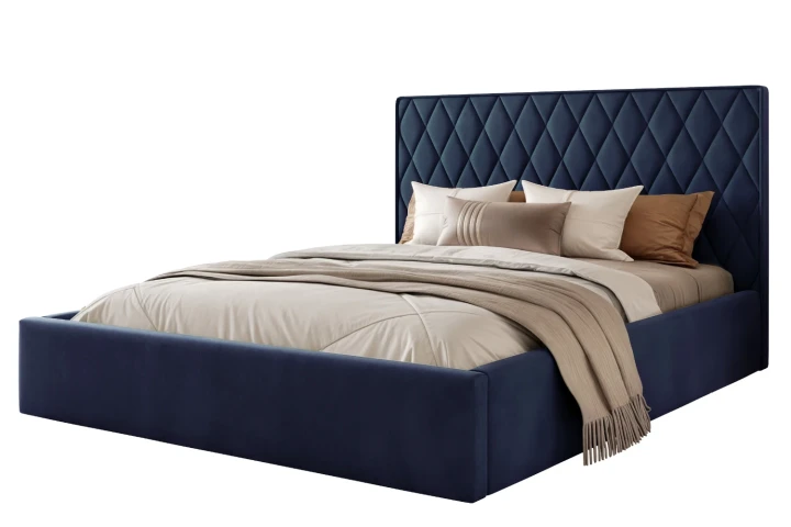 Łóżko tapicerowane z pojemnikiem na pościel i stelażem Royal Granatowy