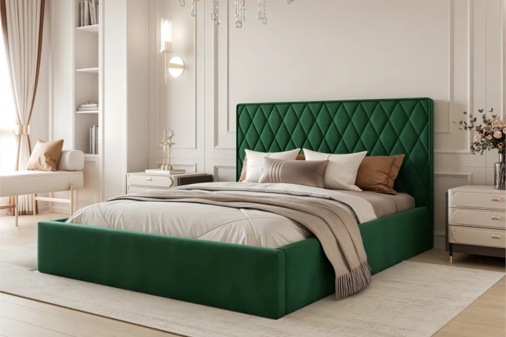 Łóżko tapicerowane z pojemnikiem na pościel i stelażem Royal Zielony