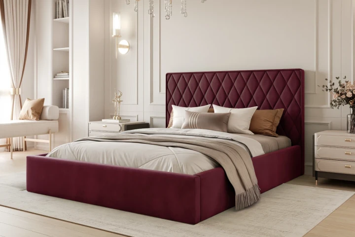Łóżko tapicerowane z pojemnikiem na pościel i stelażem Royal Bordowy