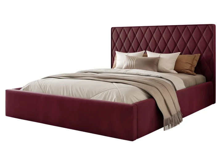 Łóżko tapicerowane z pojemnikiem na pościel i stelażem Royal Bordowy