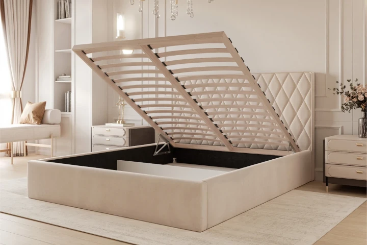 Łóżko tapicerowane z pojemnikiem na pościel i stelażem Royal z drewnianym stelażem