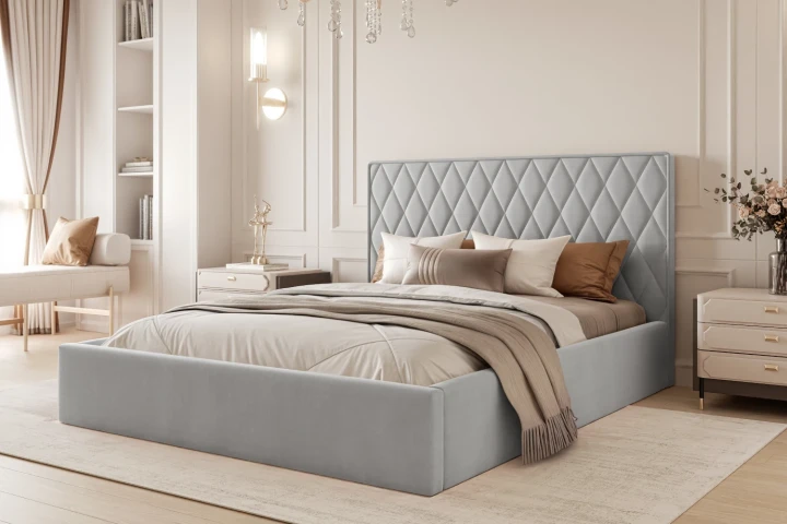 Łóżko tapicerowane z pojemnikiem na pościel i stelażem Royal Gołębi szary