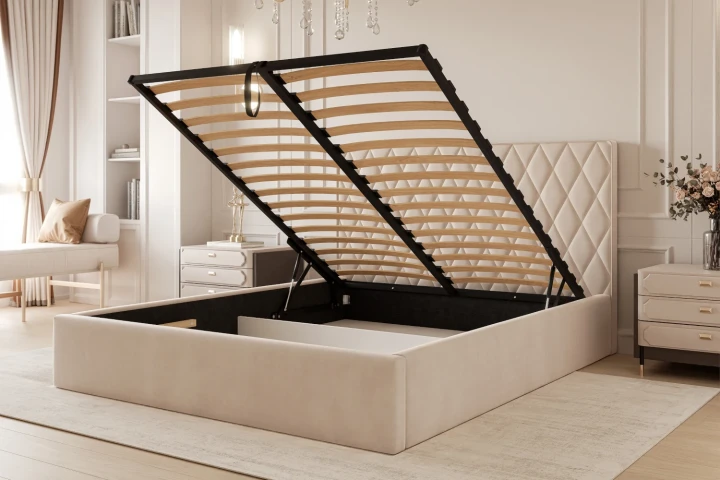 Łóżko tapicerowane z pojemnikiem na pościel i stelażem Royal z metalowym stelażem