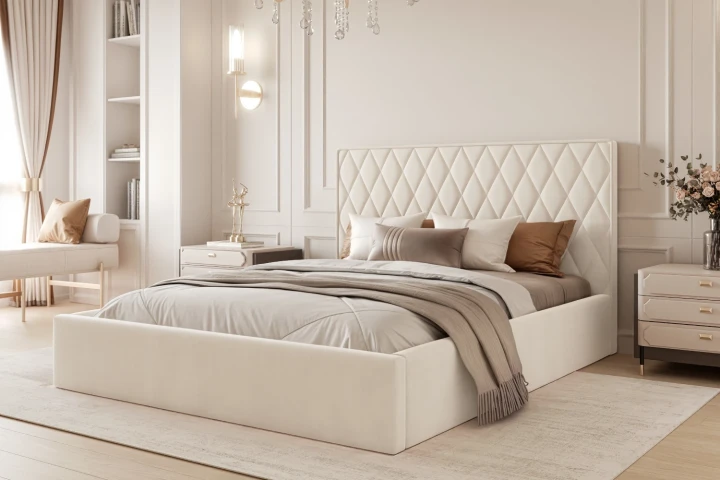 Łóżko tapicerowane z pojemnikiem na pościel i stelażem Royal Ecru