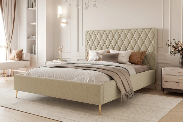 Łóżko tapicerowane z nóżkami i pojemnikiem na pościel Royal Beżowy