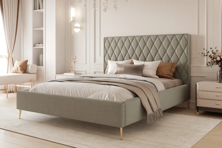 Łóżko tapicerowane z nóżkami i pojemnikiem na pościel Royal Taupe