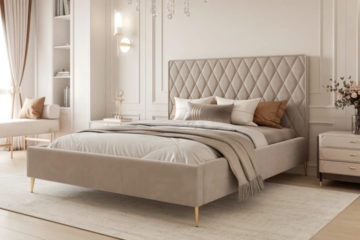 Łóżko tapicerowane z nóżkami i pojemnikiem na pościel Royal Szaro-beżowy