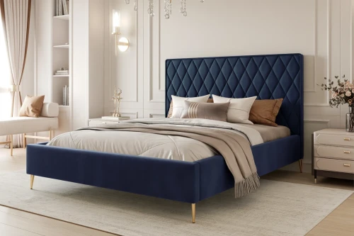 Łóżko tapicerowane z nóżkami i pojemnikiem na pościel Royal Granatowy