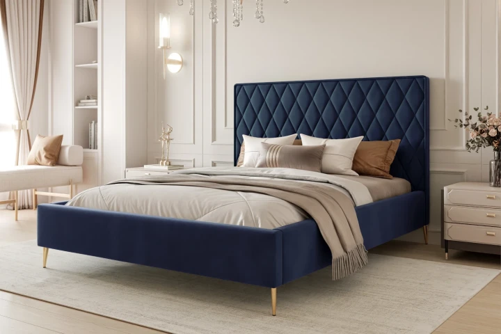 Łóżko tapicerowane z nóżkami i pojemnikiem na pościel Royal Granatowy