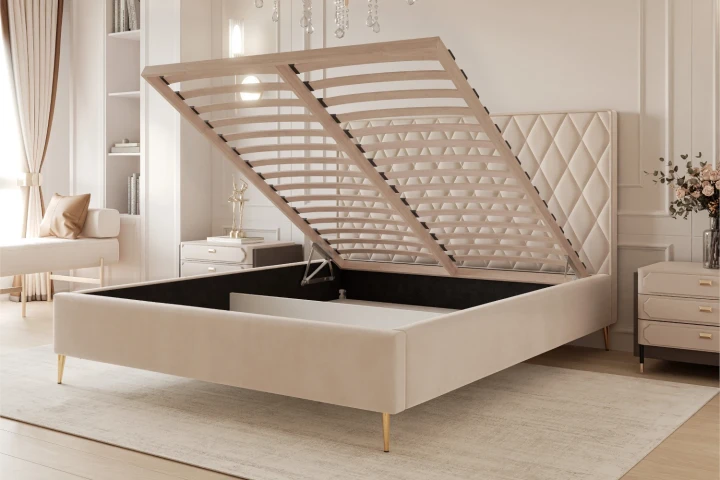 Łóżko tapicerowane z nóżkami i pojemnikiem na pościel Royal z drewnianym stelażem