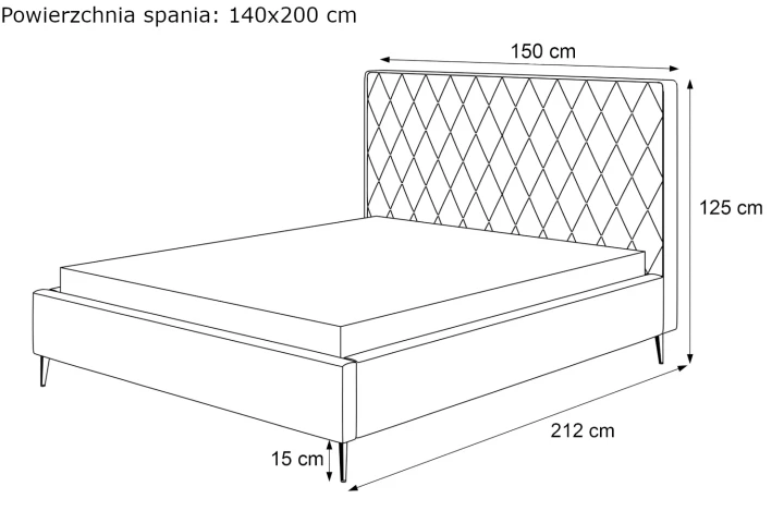Łóżko tapicerowane z nóżkami i pojemnikiem na pościel Royal wymiary 140